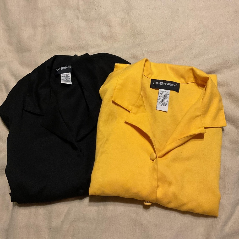 Sag‎ Harbor Shirt Womens Medium Black Yellow Button Short Sleeve Blouse Lot Of 2